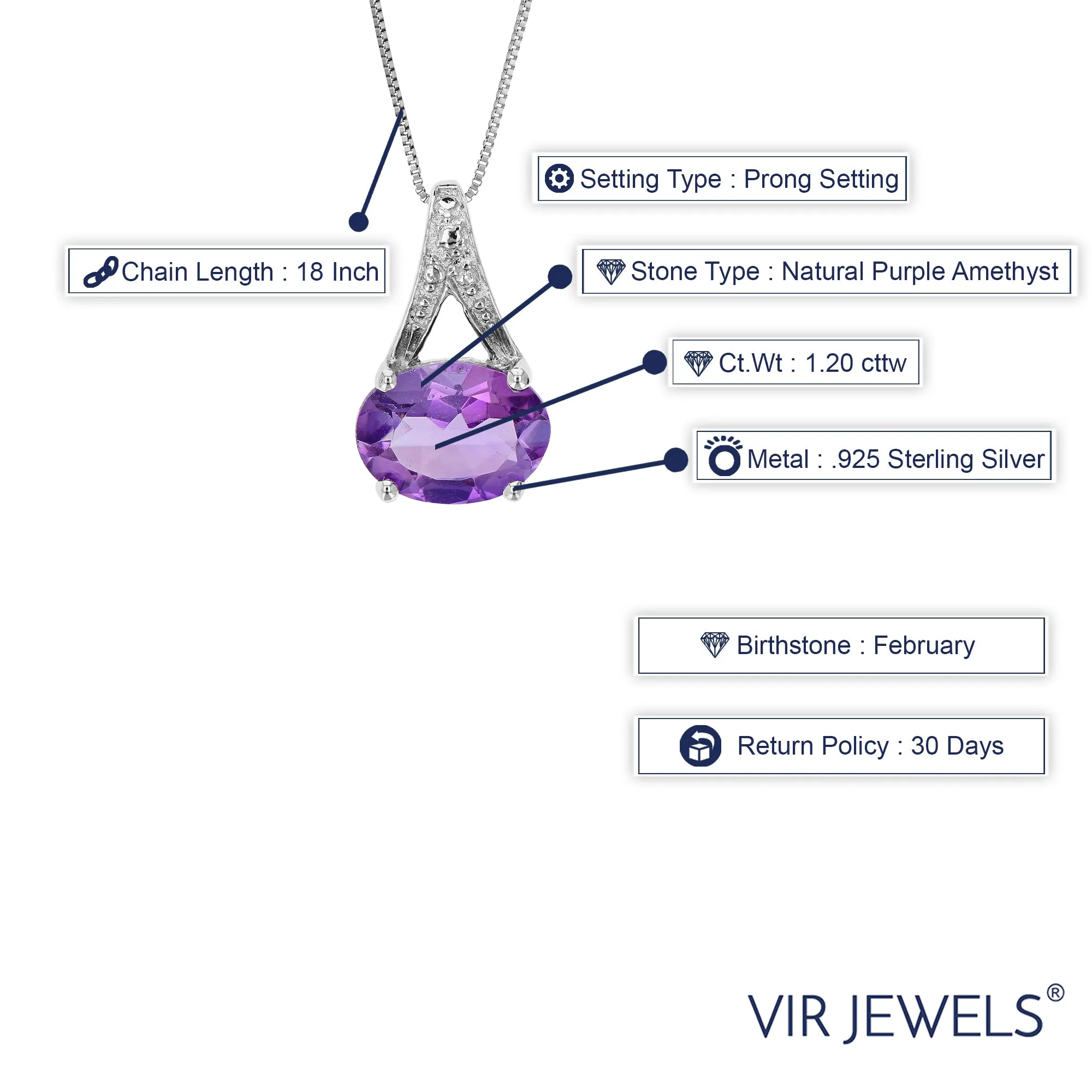 1.20 cttw Pendant Necklace, Purple Amethyst Oval Shape Pendant Necklace for Women in .925 Sterling Silver with Rhodium, 18 Inch Chain, Prong Setting