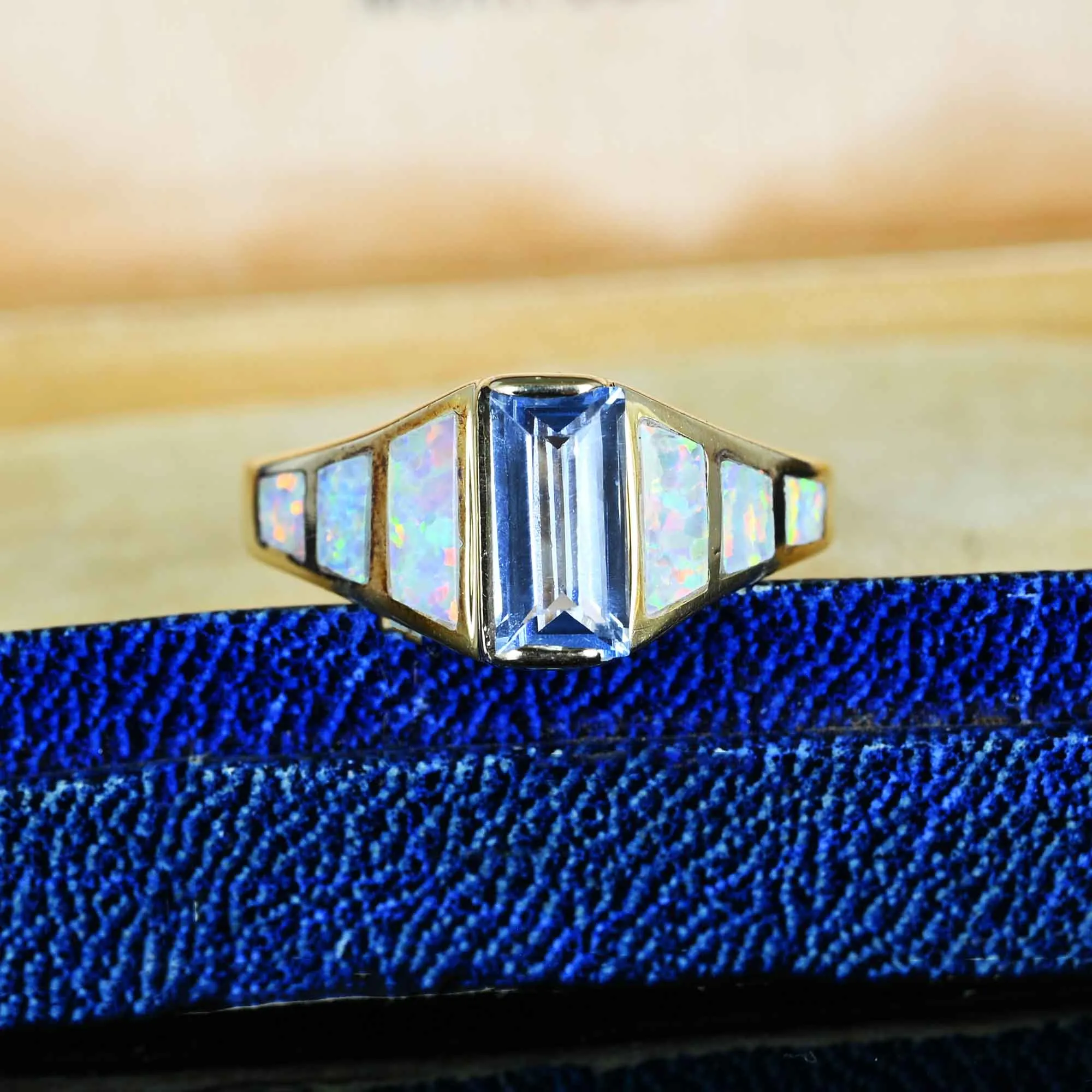 14K Gold Blue Topaz Baguette Opal Ring