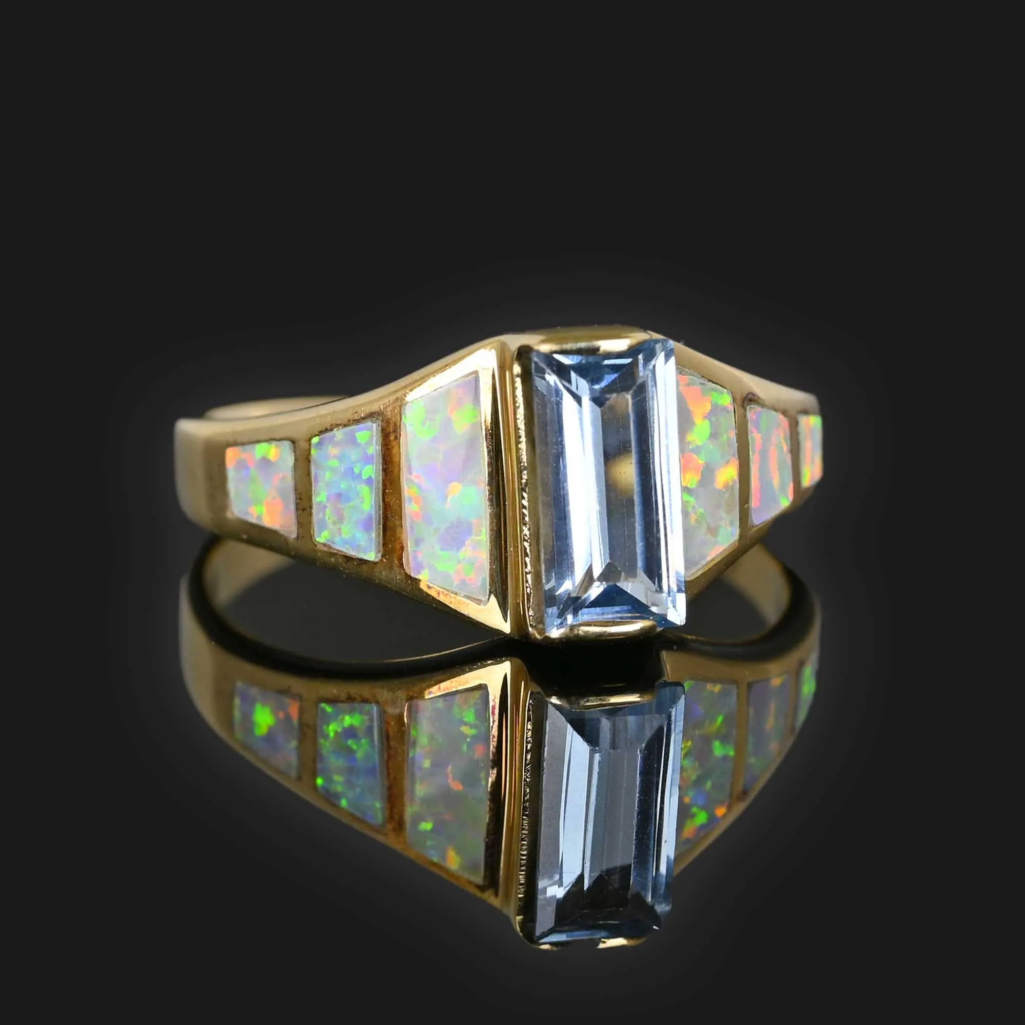 14K Gold Blue Topaz Baguette Opal Ring