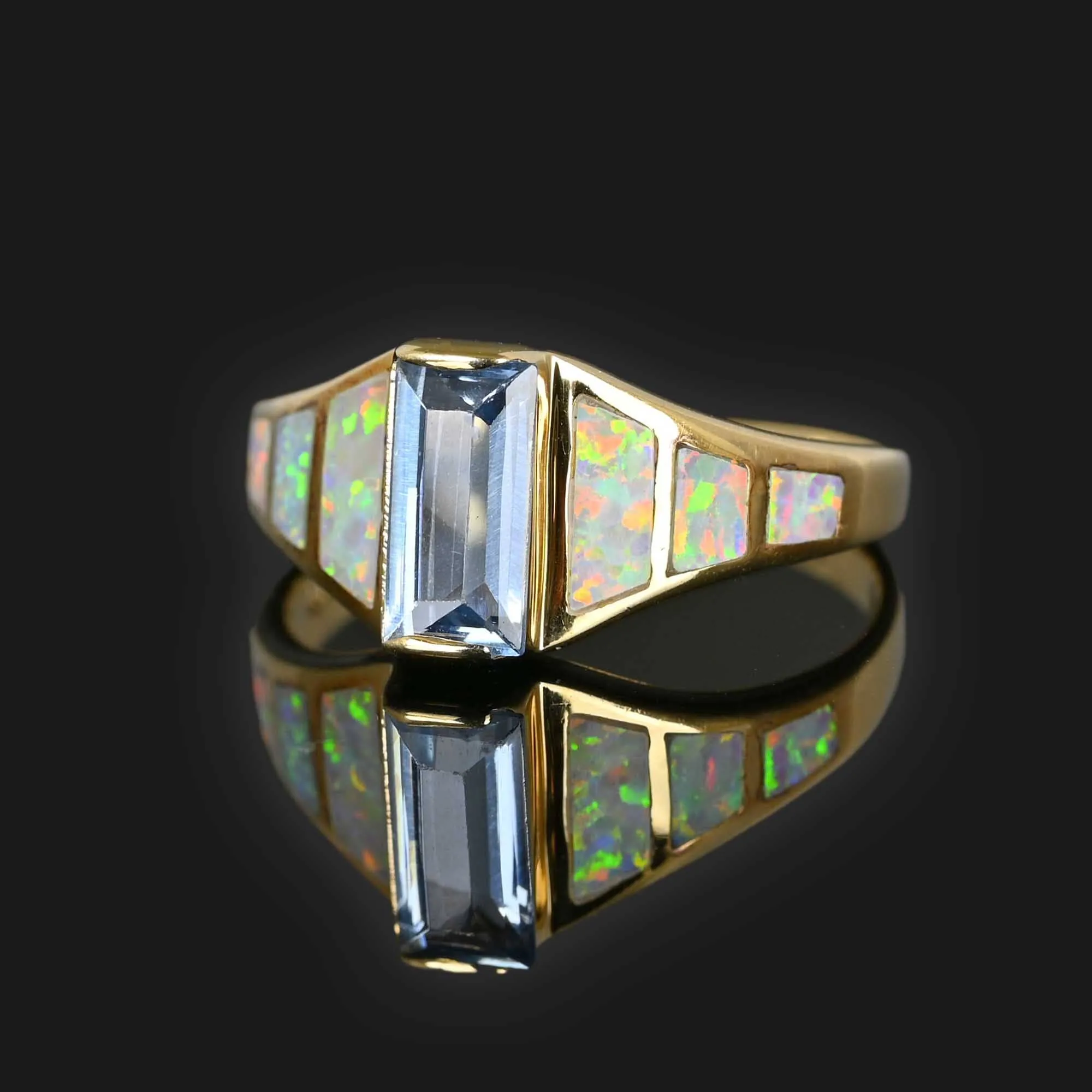 14K Gold Blue Topaz Baguette Opal Ring