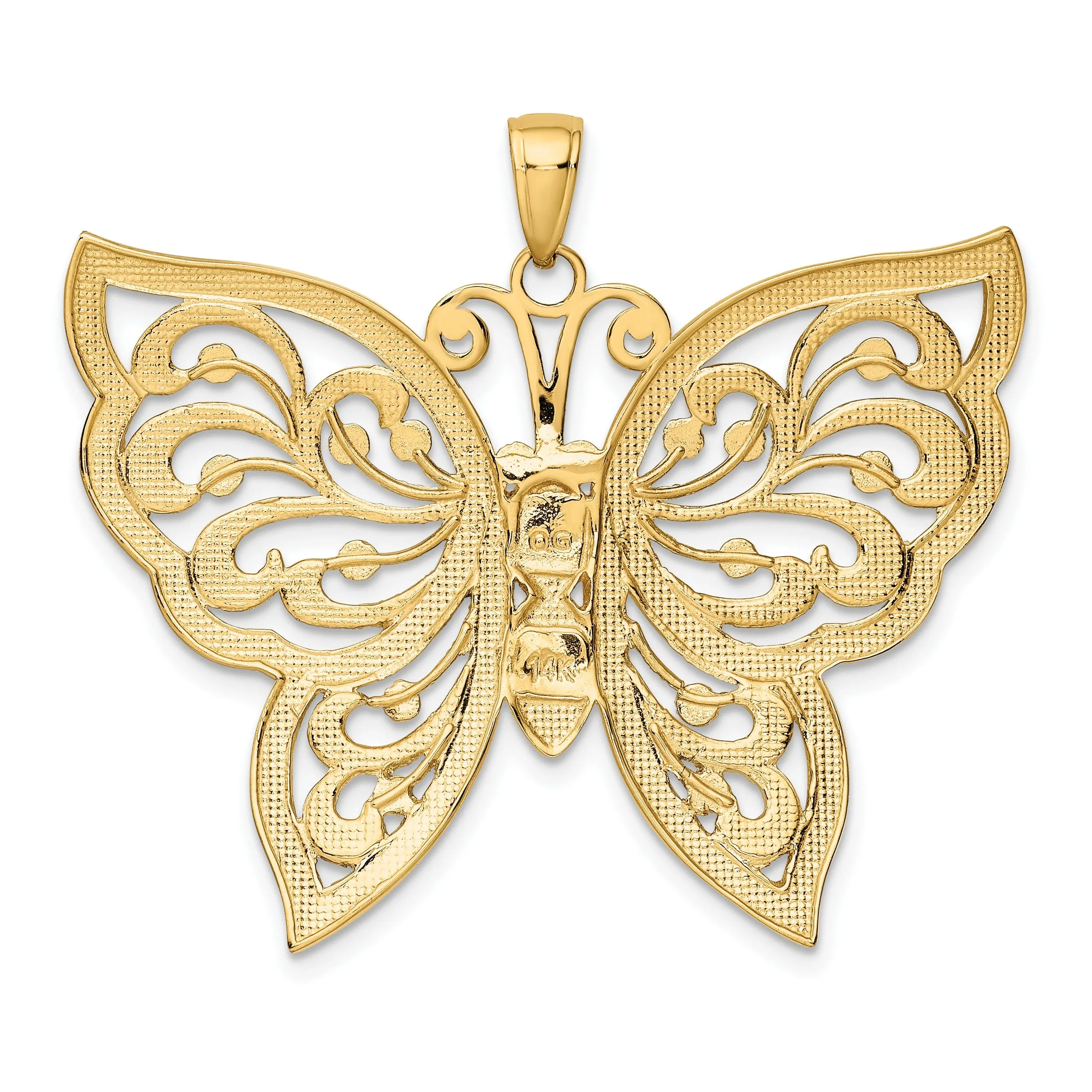 14k Two-tone Gold Casted Textured Back Solid Polished Finish Diamond-cut Butterfly Charm Pendant