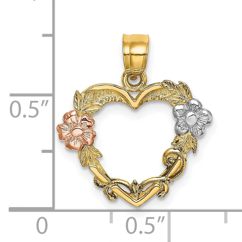 14k Two-tone with White Rhodium Flower In Heart Pendant