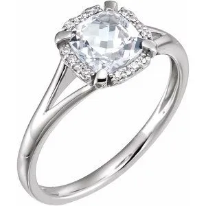 14k White Gold Cushion Gemstone & .05 CTW Diamond Rings