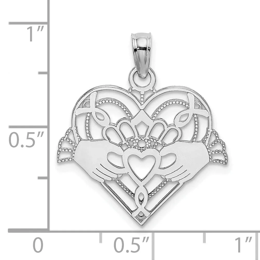 14K White Gold Open Back Polished Finish with Beaded Design Claddagh In Heart Charm Pendant