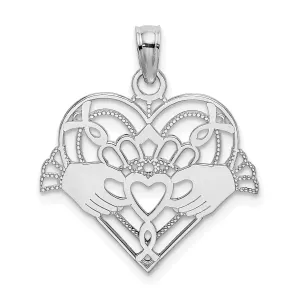 14K White Gold Open Back Polished Finish with Beaded Design Claddagh In Heart Charm Pendant