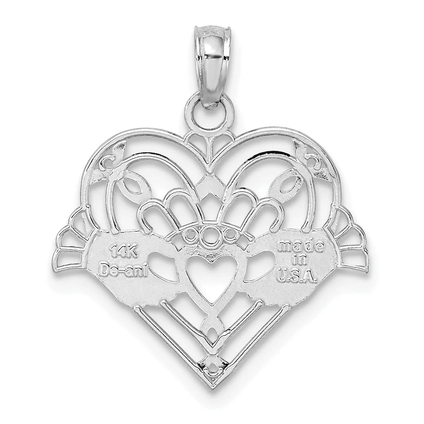 14K White Gold Open Back Polished Finish with Beaded Design Claddagh In Heart Charm Pendant