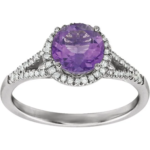 14k White Gold Round Gemstone & 1/5 CTW Diamond Halo Ring