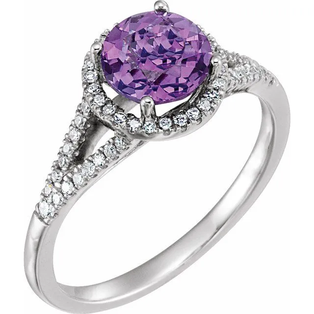 14k White Gold Round Gemstone & 1/5 CTW Diamond Halo Ring