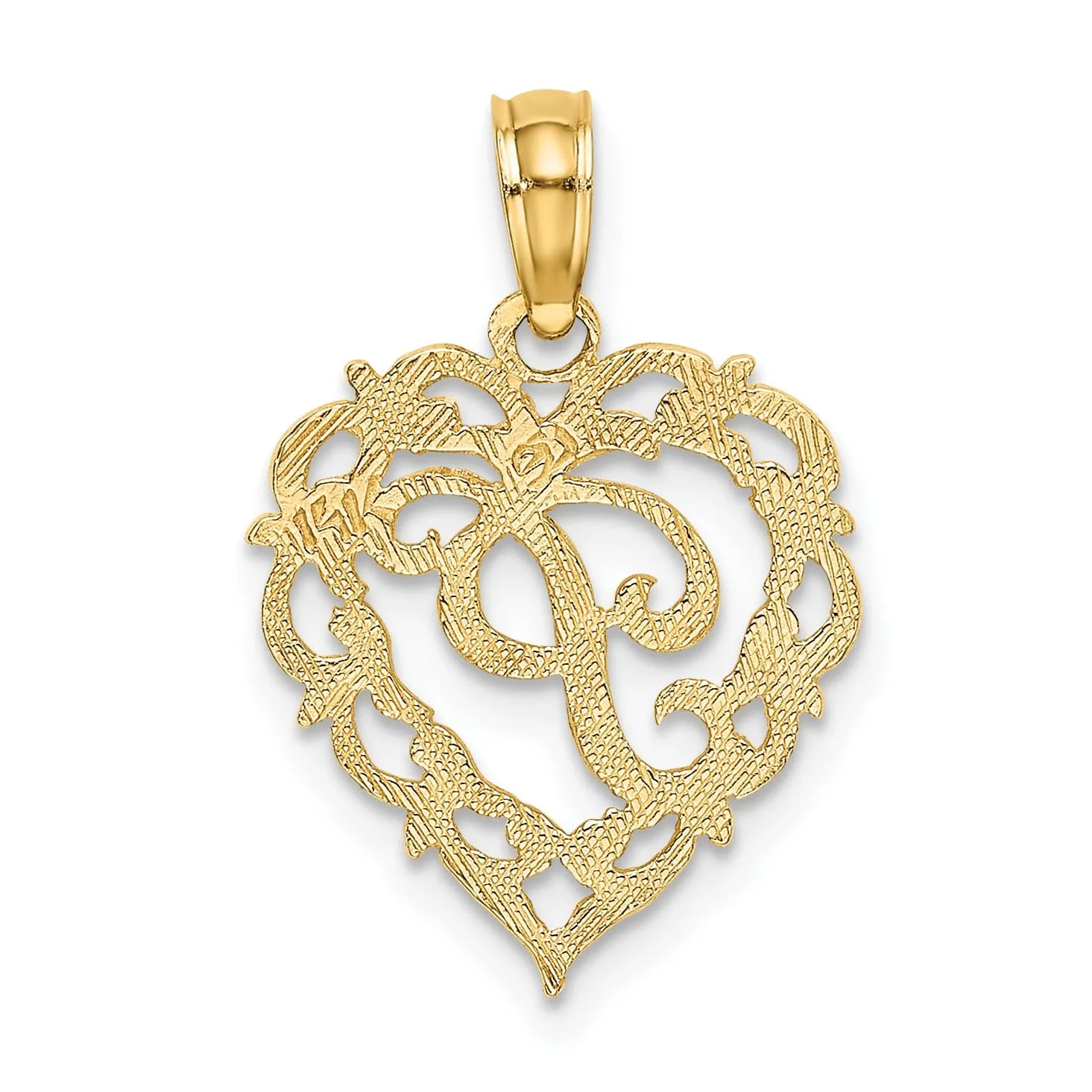 14K Yellow Gold Heart Shape Fancy Script Letter P Initial Charm Pendant