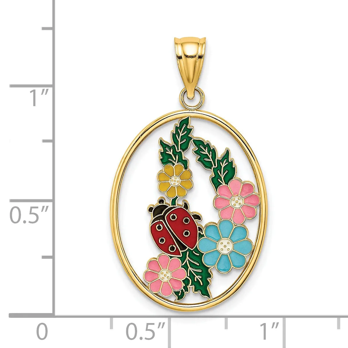 14K Yellow Gold Polished Finish Open Back Stained Glass Multi-Color Enamel Oval Shape Design Ladybug Charm Pendant