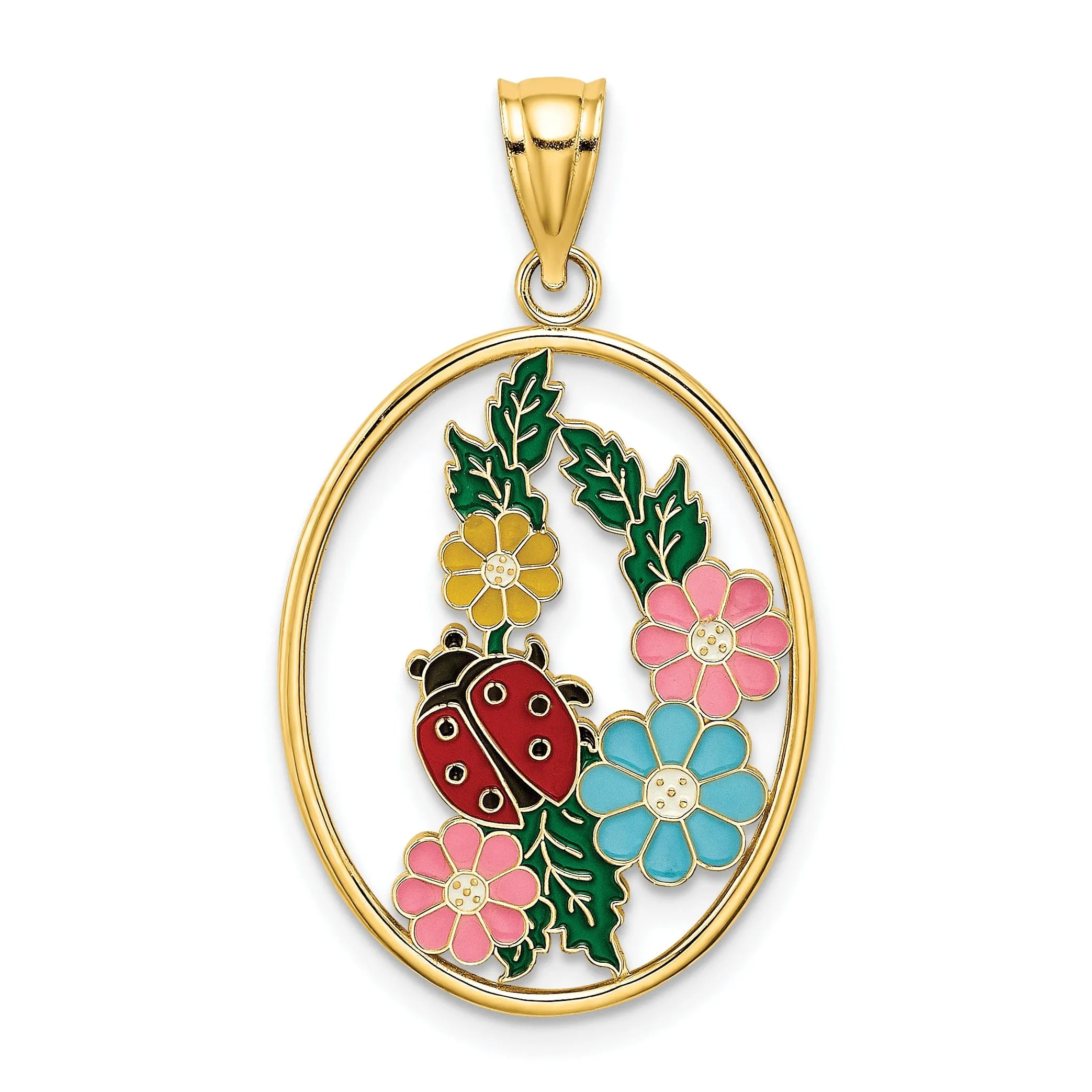 14K Yellow Gold Polished Finish Open Back Stained Glass Multi-Color Enamel Oval Shape Design Ladybug Charm Pendant