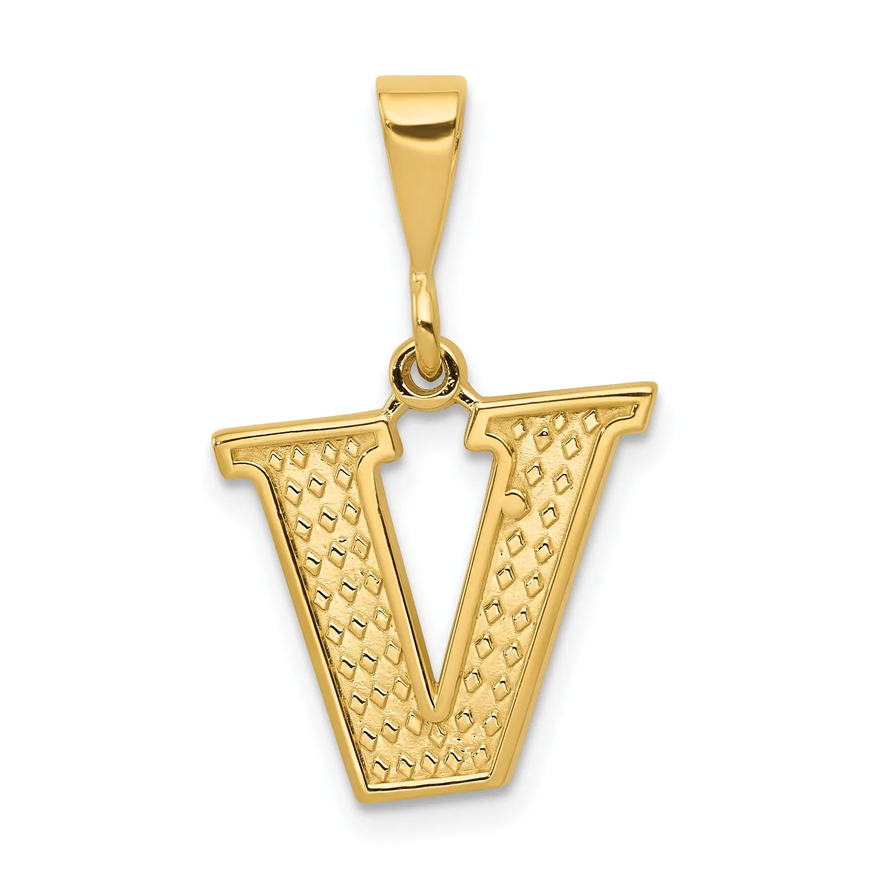 14k Yellow Gold Polished Texture Finish Letter V Initial Charm Pendant