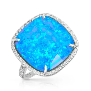 14KT White Gold Diamond Opal Doublet Cushion Cut Cocktail Ring