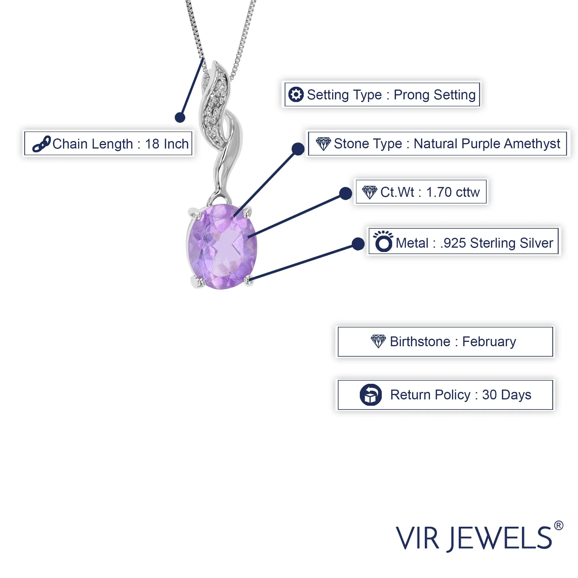 1.70 cttw Pendant Necklace, Purple Amethyst Oval Shape Pendant Necklace for Women in .925 Sterling Silver with Rhodium, 18 Inch Chain, Prong Setting