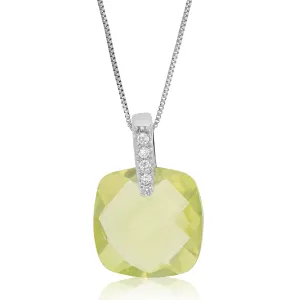 7 cttw Pendant Necklace, Lemon Quartz Cushion Cut Pendant Necklace for Women in .925 Sterling Silver with Rhodium Plating, 18 Inch Chain, Prong Setting