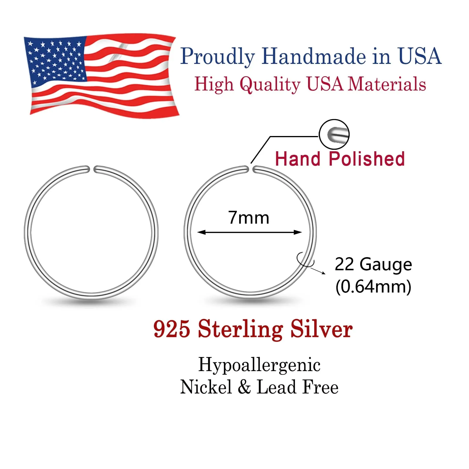 7mm Small Sterling Silver Cartilage Nose Hoop Earrings for Women