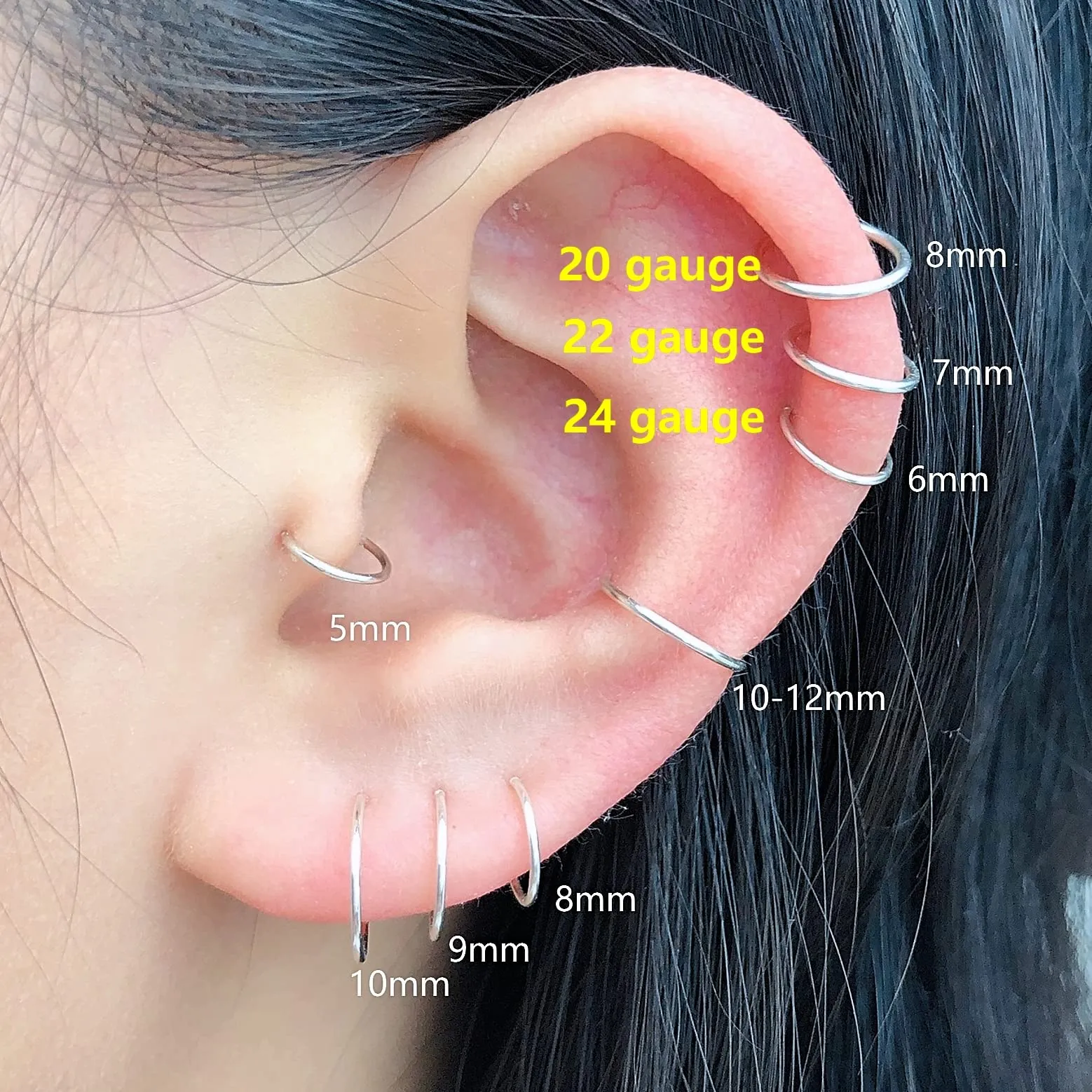 7mm Small Sterling Silver Cartilage Nose Hoop Earrings for Women