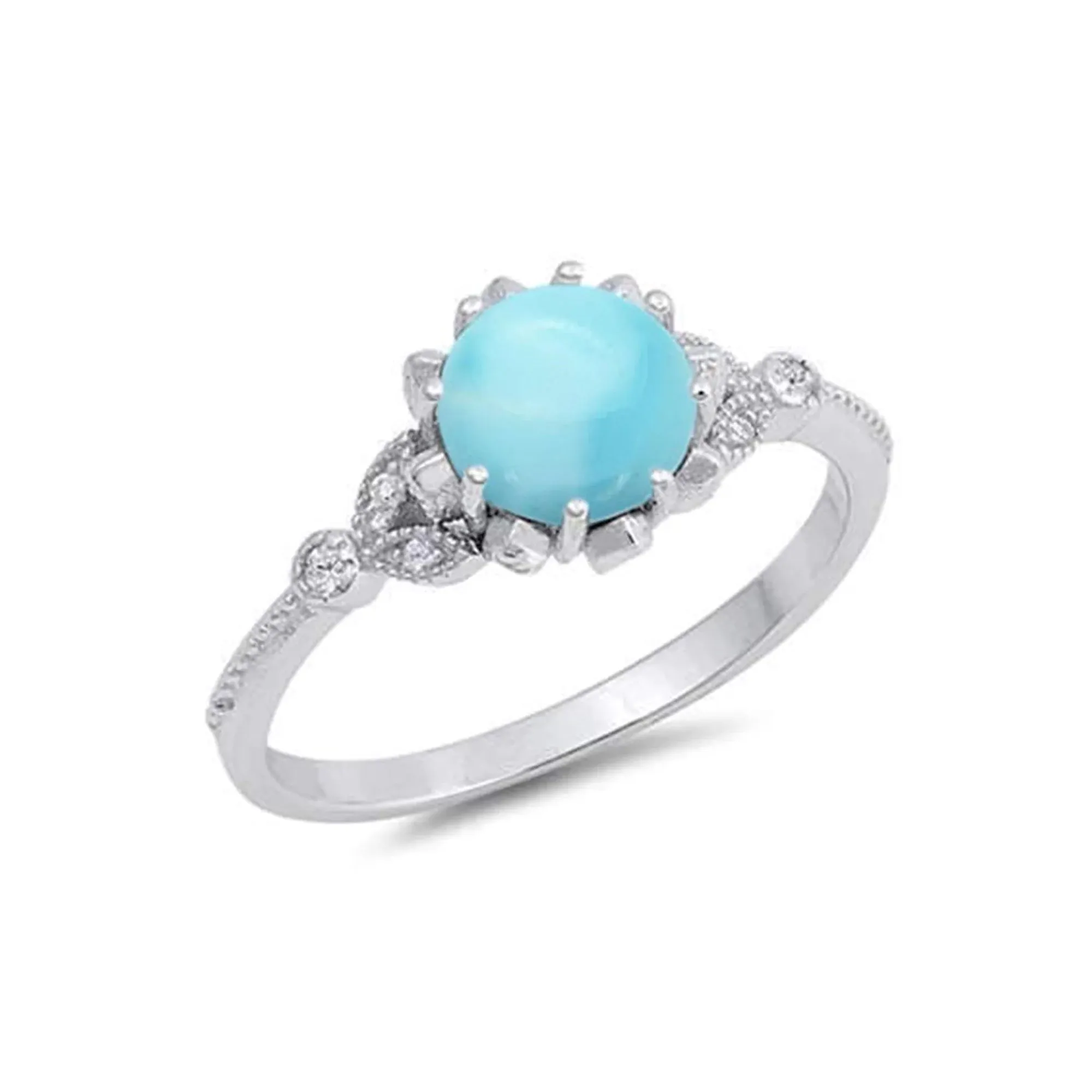 925 Sterling Silver Blue Larimar, White Opal Ring For Women. 9mm Round Gemstone, Stackable Ring For Pinky, Statement, Middle & Index Finger.