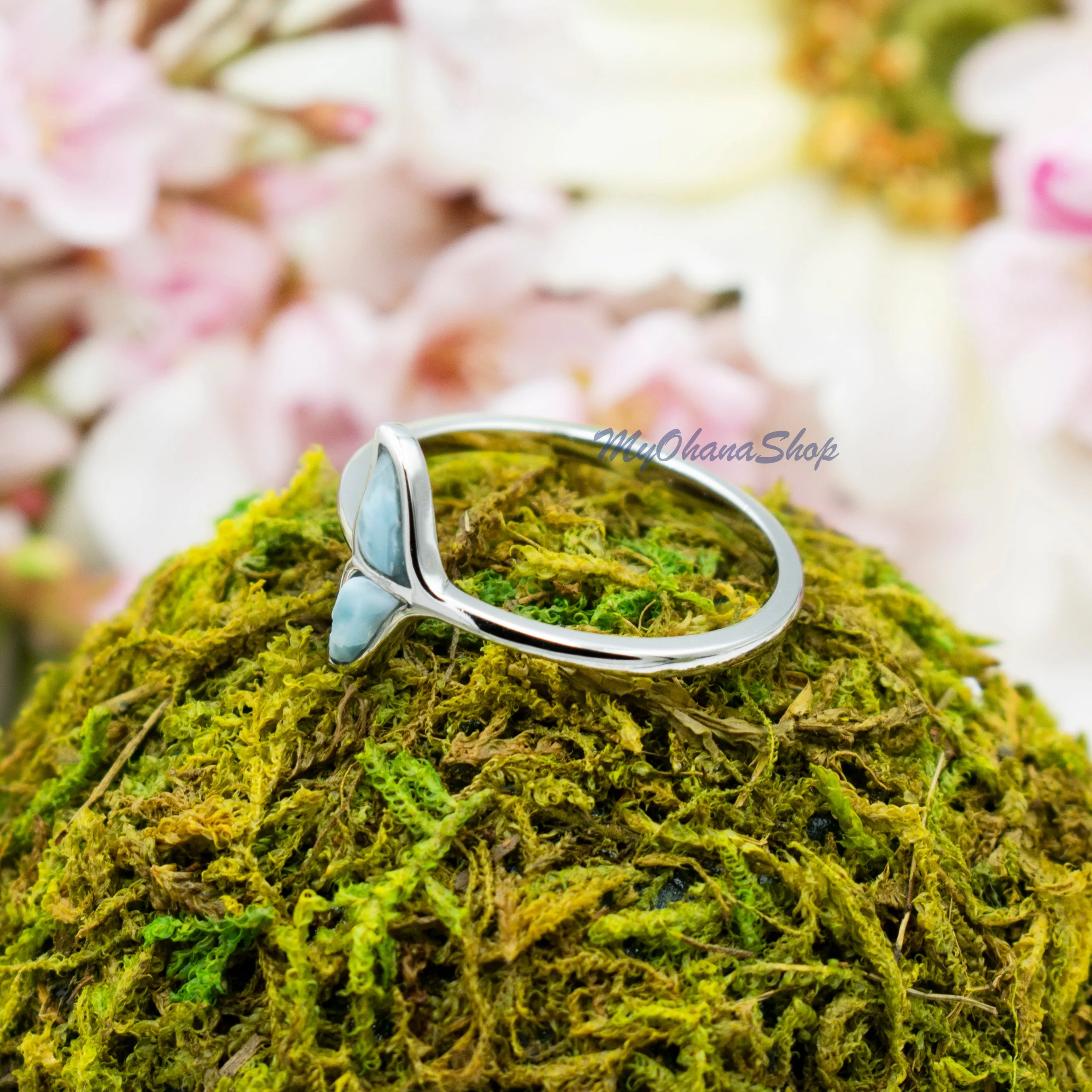 925 Sterling Silver Whale Tail Ring With Genuine Larimar Inlay. Orca Whale Tail Ring For Pinky, Index, Thumb, Ring Finger. Sea Life Jewelry.