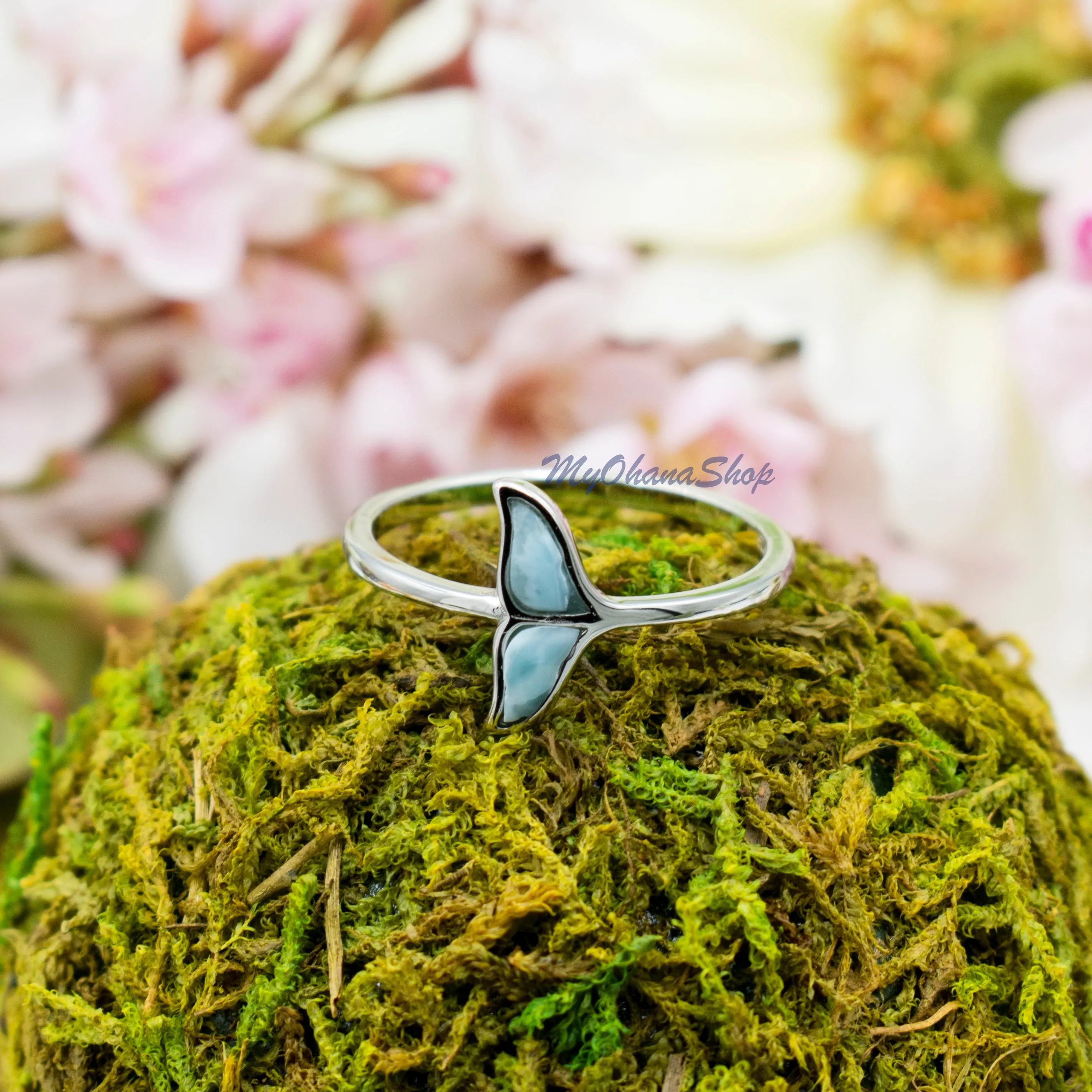 925 Sterling Silver Whale Tail Ring With Genuine Larimar Inlay. Orca Whale Tail Ring For Pinky, Index, Thumb, Ring Finger. Sea Life Jewelry.