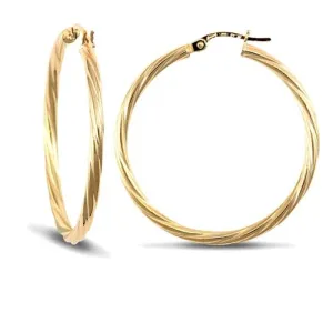 9ct Yellow Gold 2.5mm Twisted Hoop Earrings 34mm