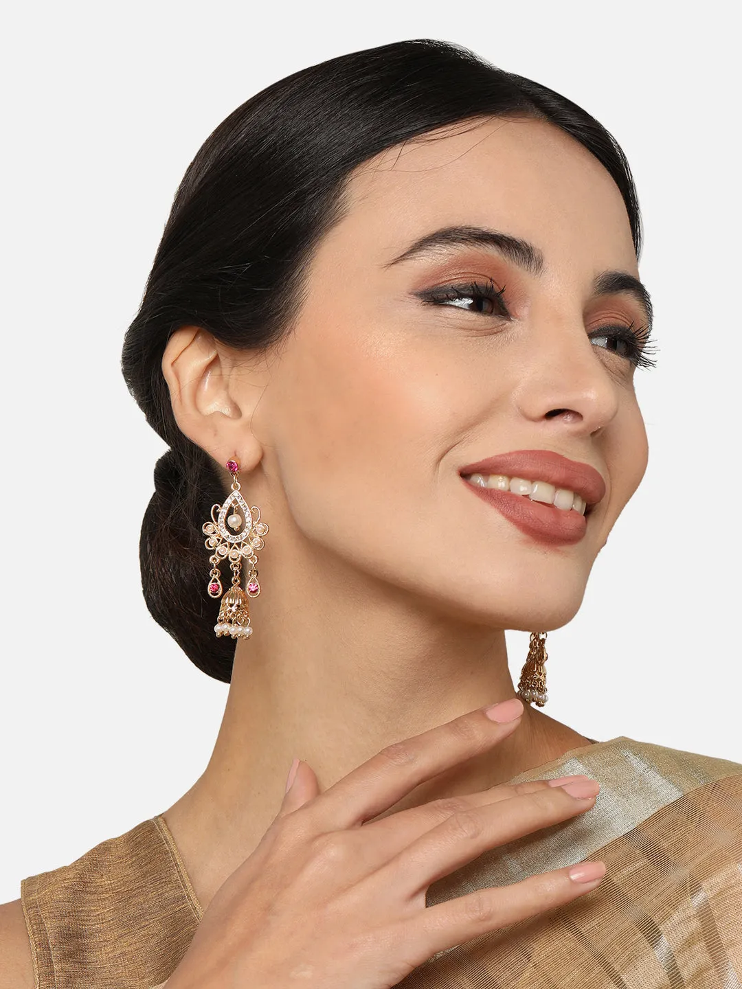 Accessorize London Women's Pink Golden Long Drop Jhumkas