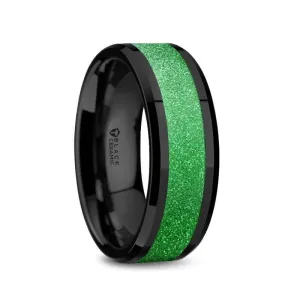 ADMON Men's Black Ceramic Band Polished Beveled Edges Sparkling Green Inlay - 8mm