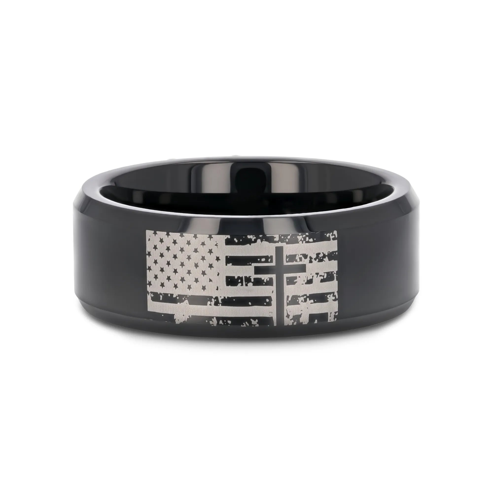 American Flag and Cross Engraved Black Tungsten Beveled Band