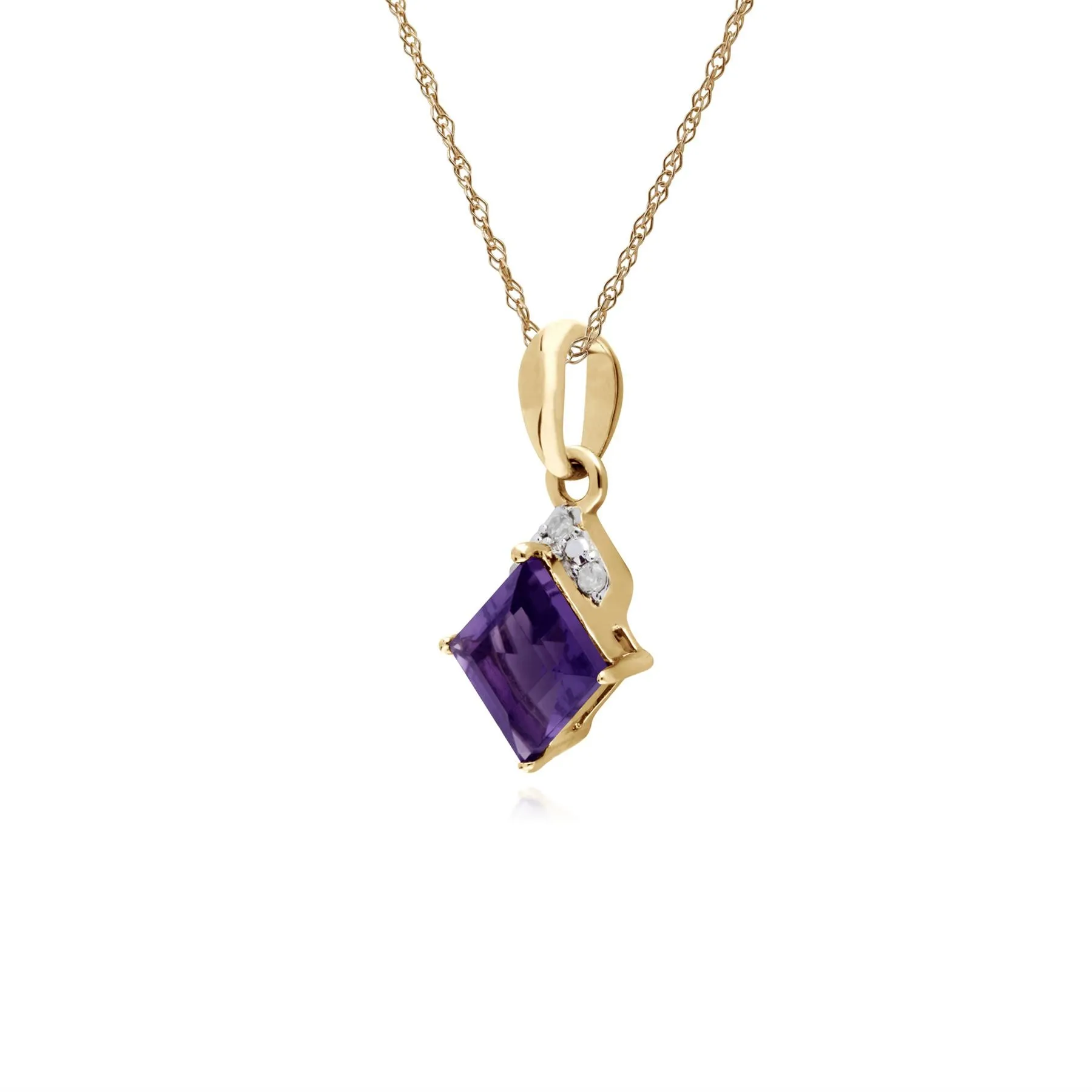 Amethyst Halskette, 9 Karat Gelbgold Amethyst & Diamant Quadratischer Anhänger an 45cm Kette