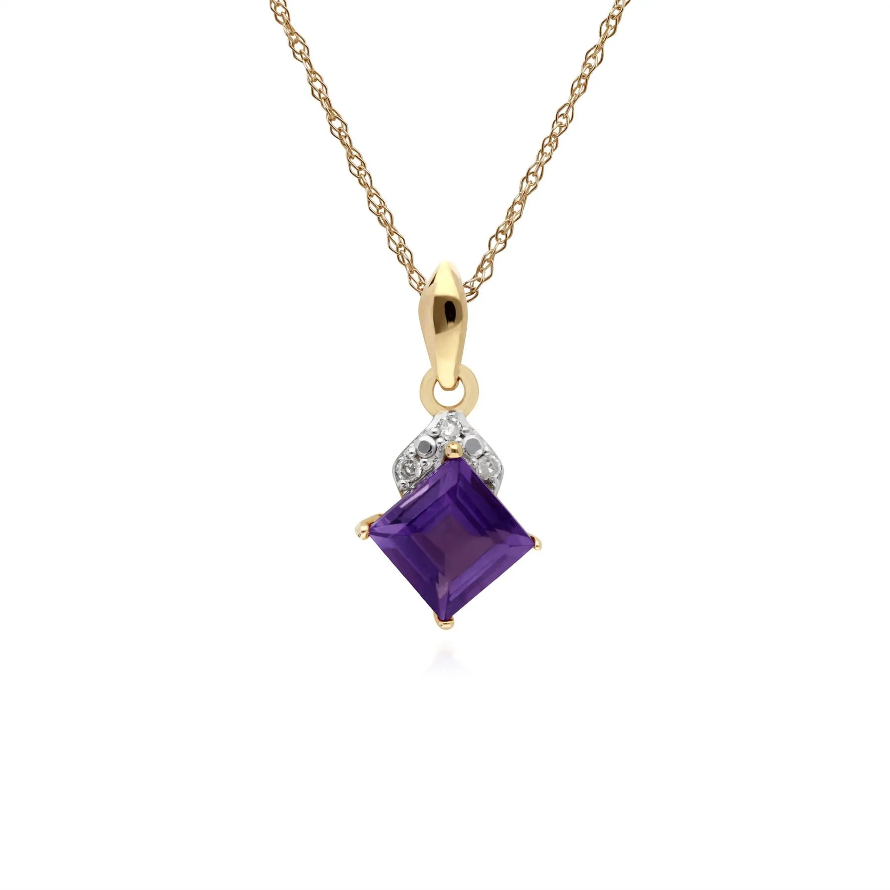 Amethyst Halskette, 9 Karat Gelbgold Amethyst & Diamant Quadratischer Anhänger an 45cm Kette