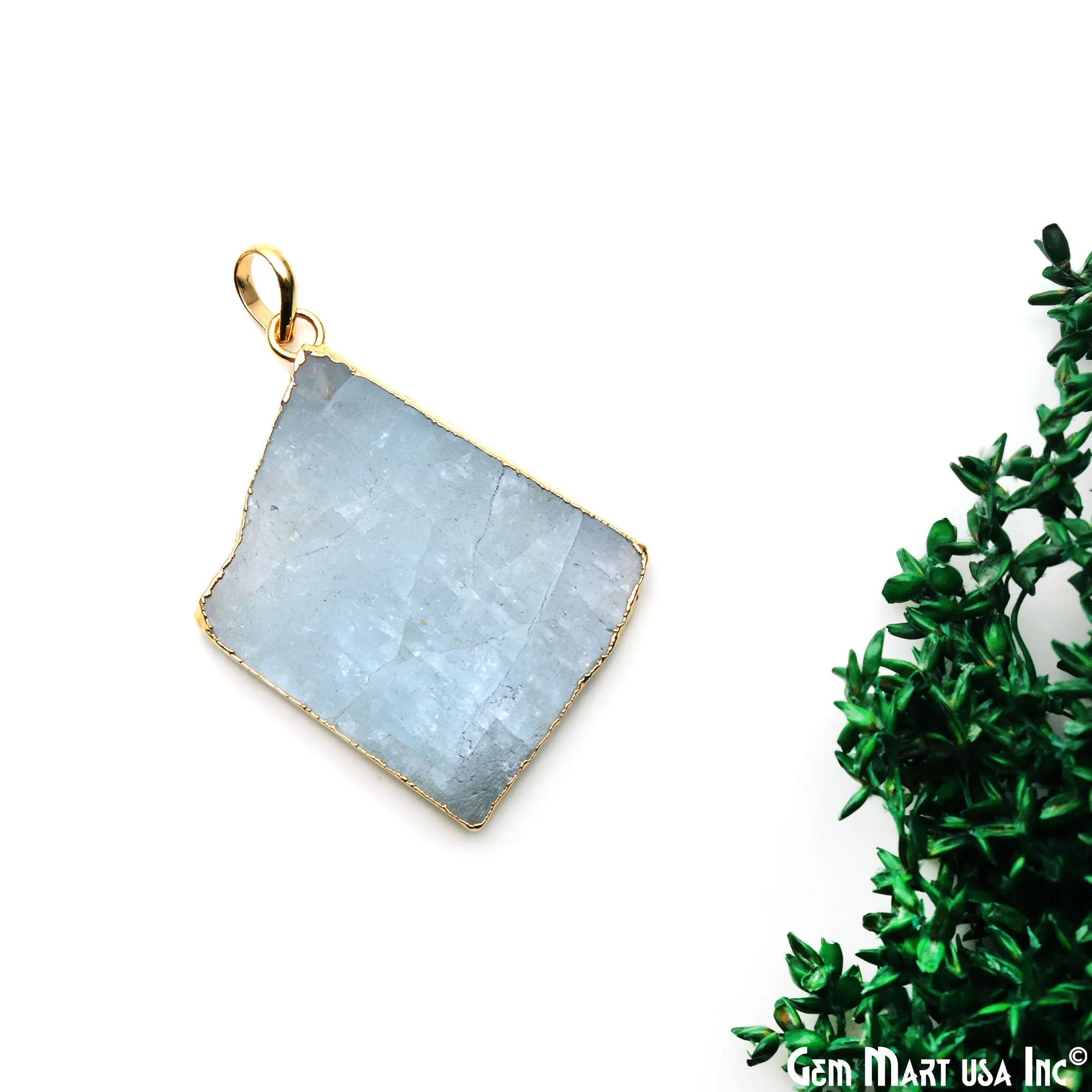 Aquamarine Free Form shape 39x27mm Gold Electroplated Gemstone Single Bail Pendant