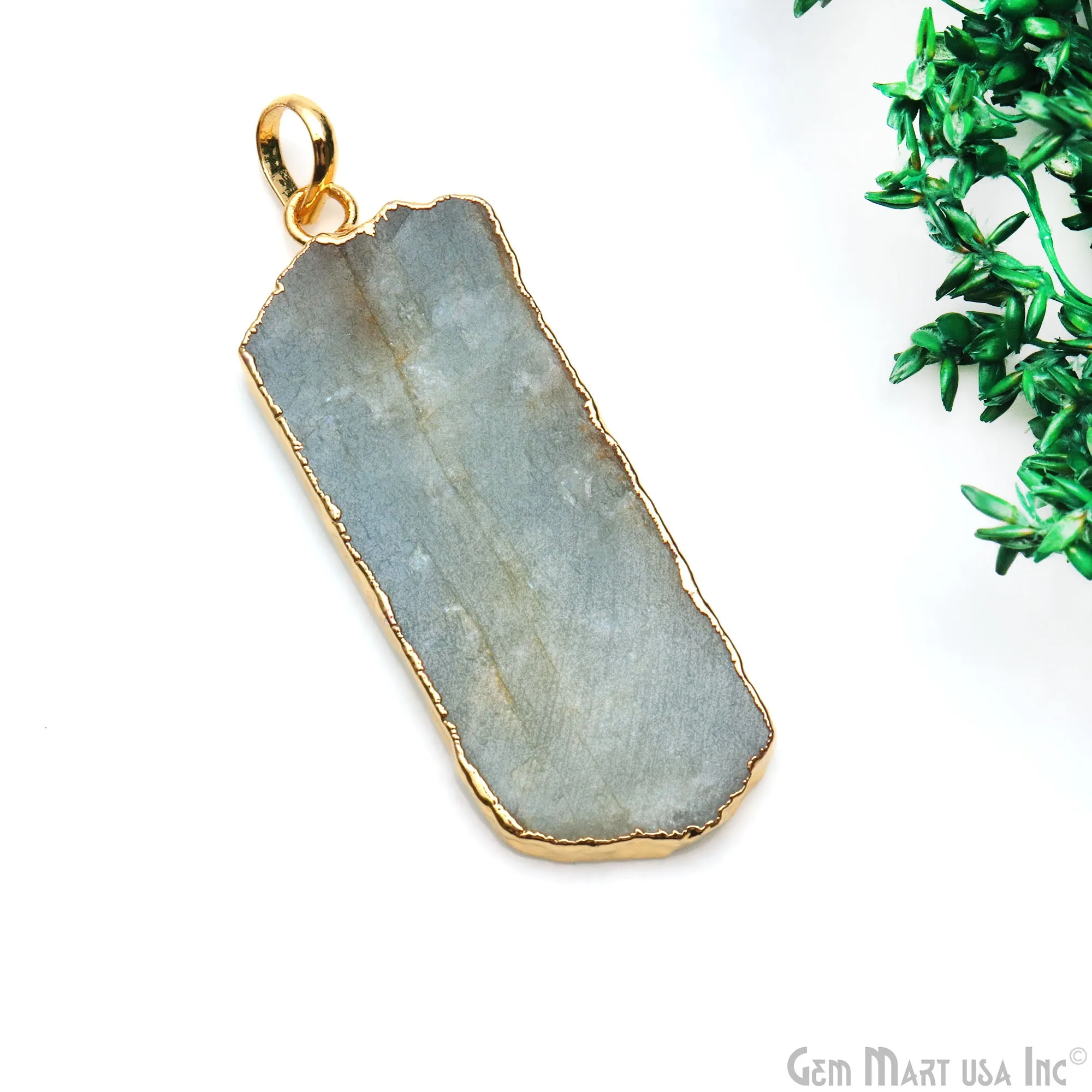 Aquamarine Free Form shape 49x18mm Gold Electroplated Gemstone Single Bail Pendant