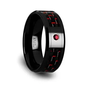 BARON Men's Ceramic Ring With Black And Red Carbon Fiber And Red Ruby Setting - 8mm