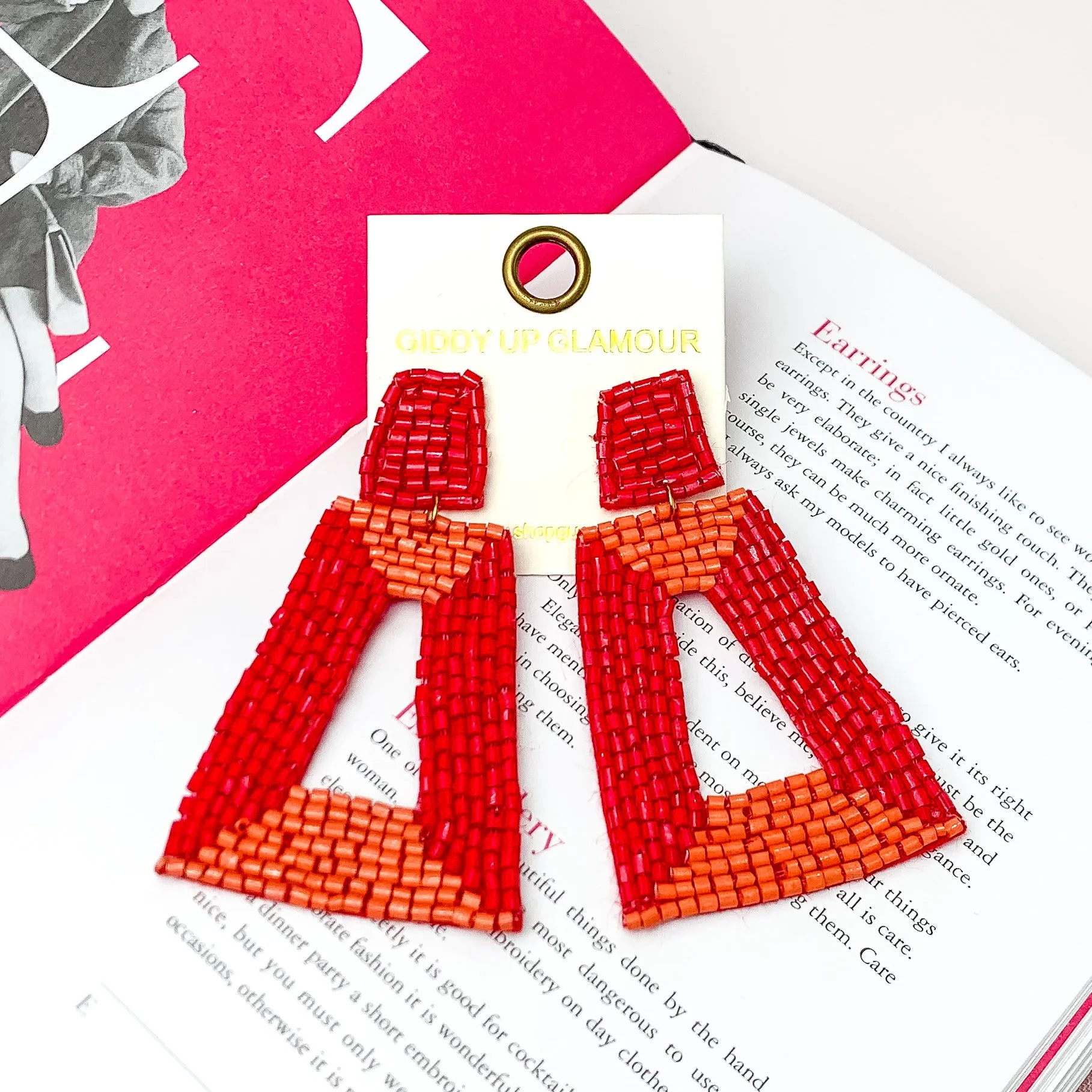 Beaded Rectangle Designed Earrings in Red, and Orange