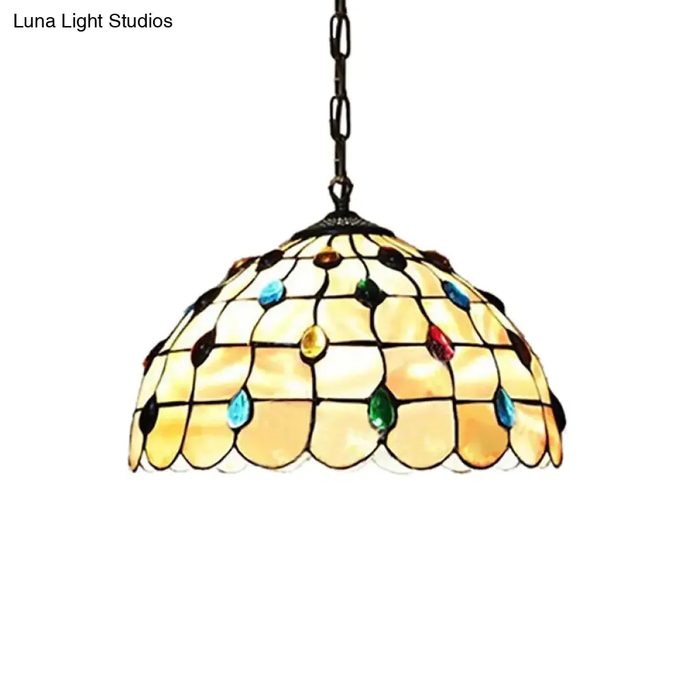 Beige Stained Glass Pendant Lamp with Beaded Detailing - Tiffany Hanging Light Kit for Study - 8"/12" Wide