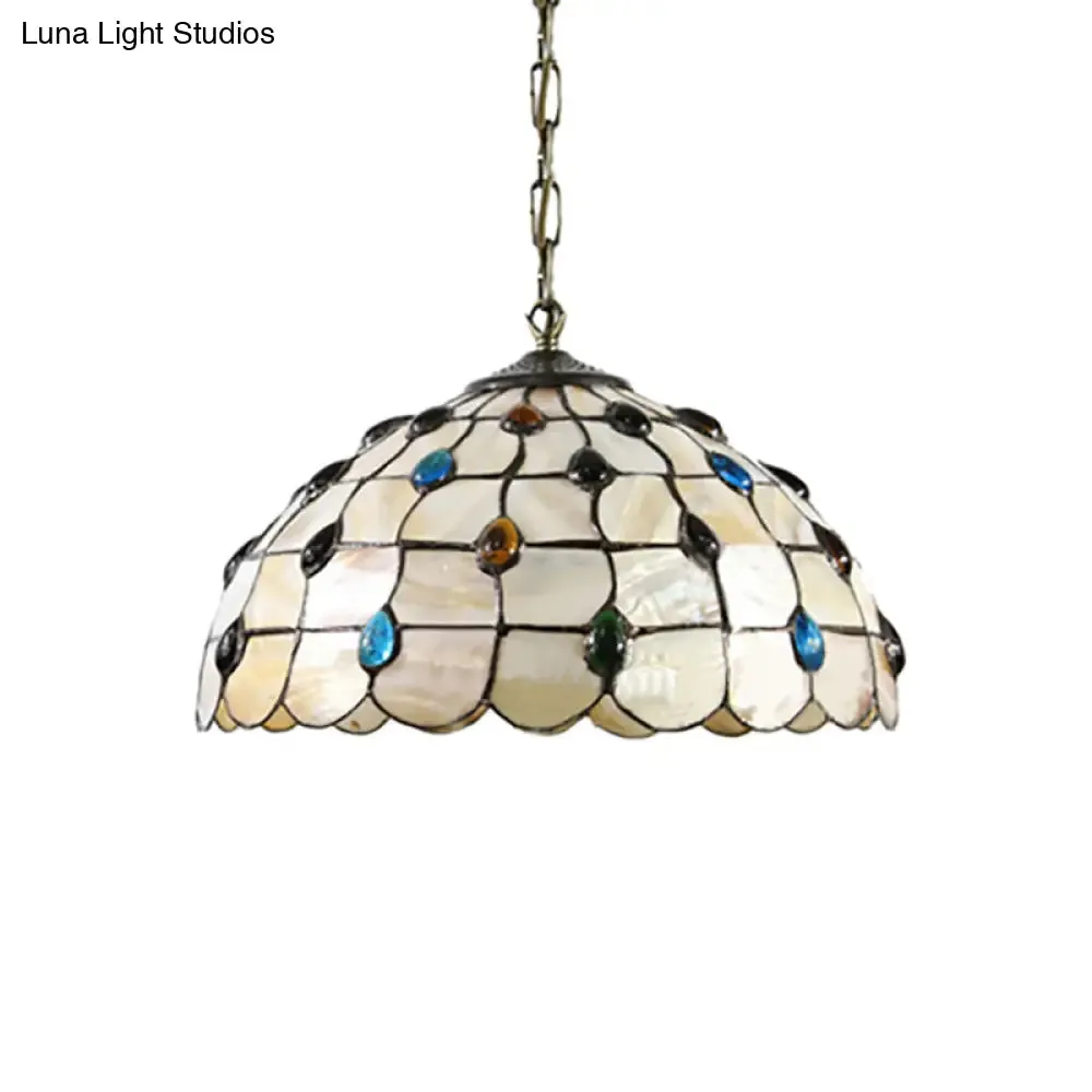 Beige Stained Glass Pendant Lamp with Beaded Detailing - Tiffany Hanging Light Kit for Study - 8"/12" Wide