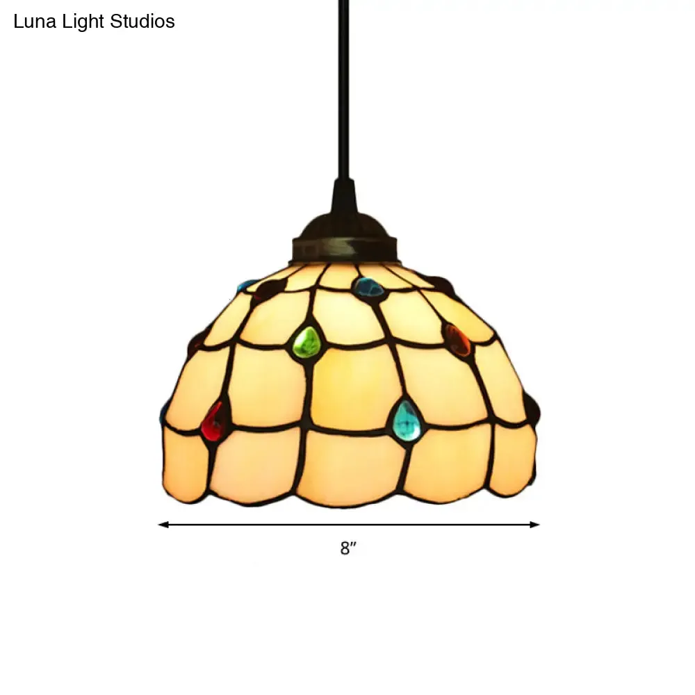 Beige Stained Glass Pendant Lamp with Beaded Detailing - Tiffany Hanging Light Kit for Study - 8"/12" Wide