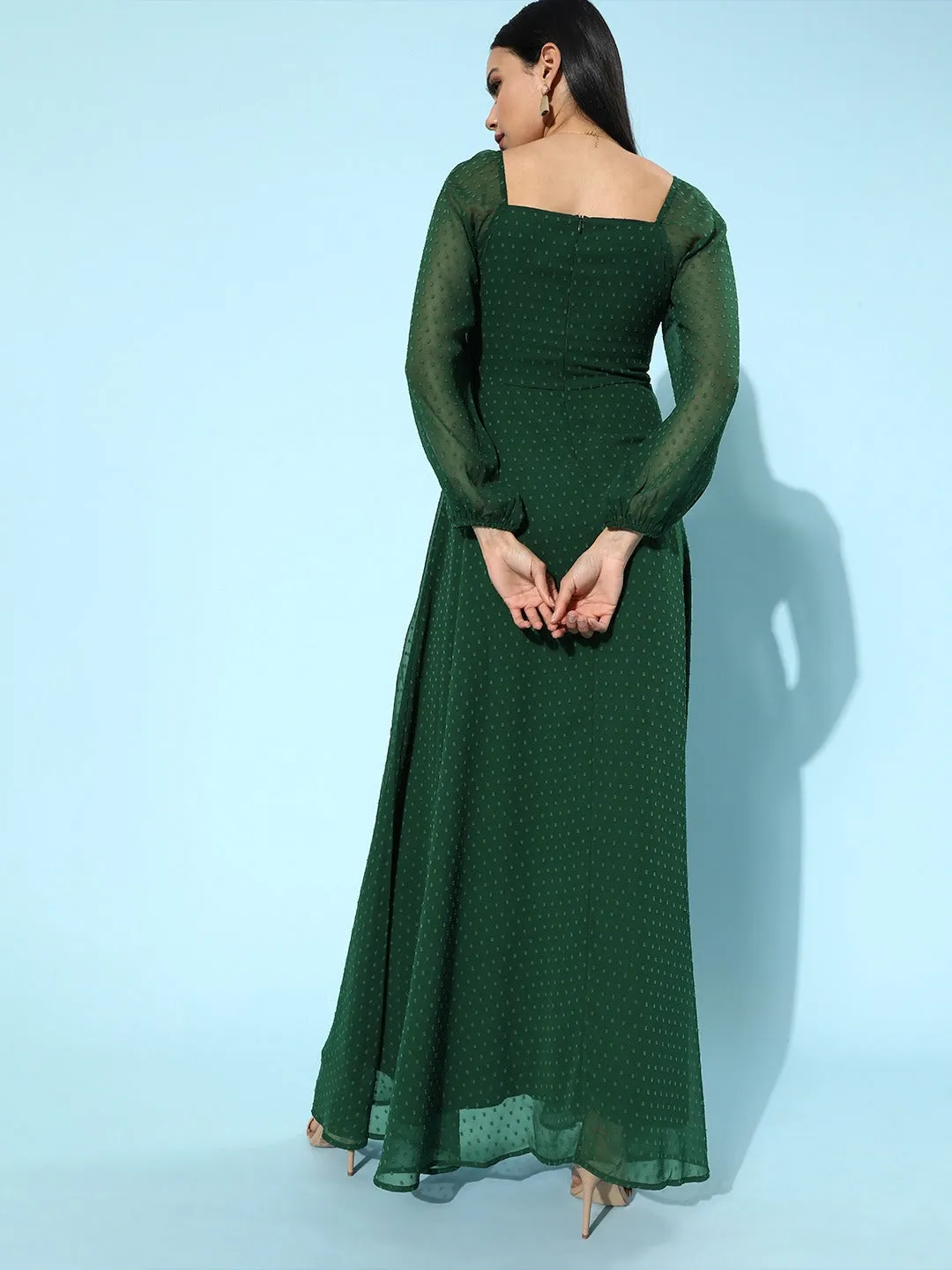 Berrylush Women Green Self-Design Pattern Square-Neck Maxi Dress