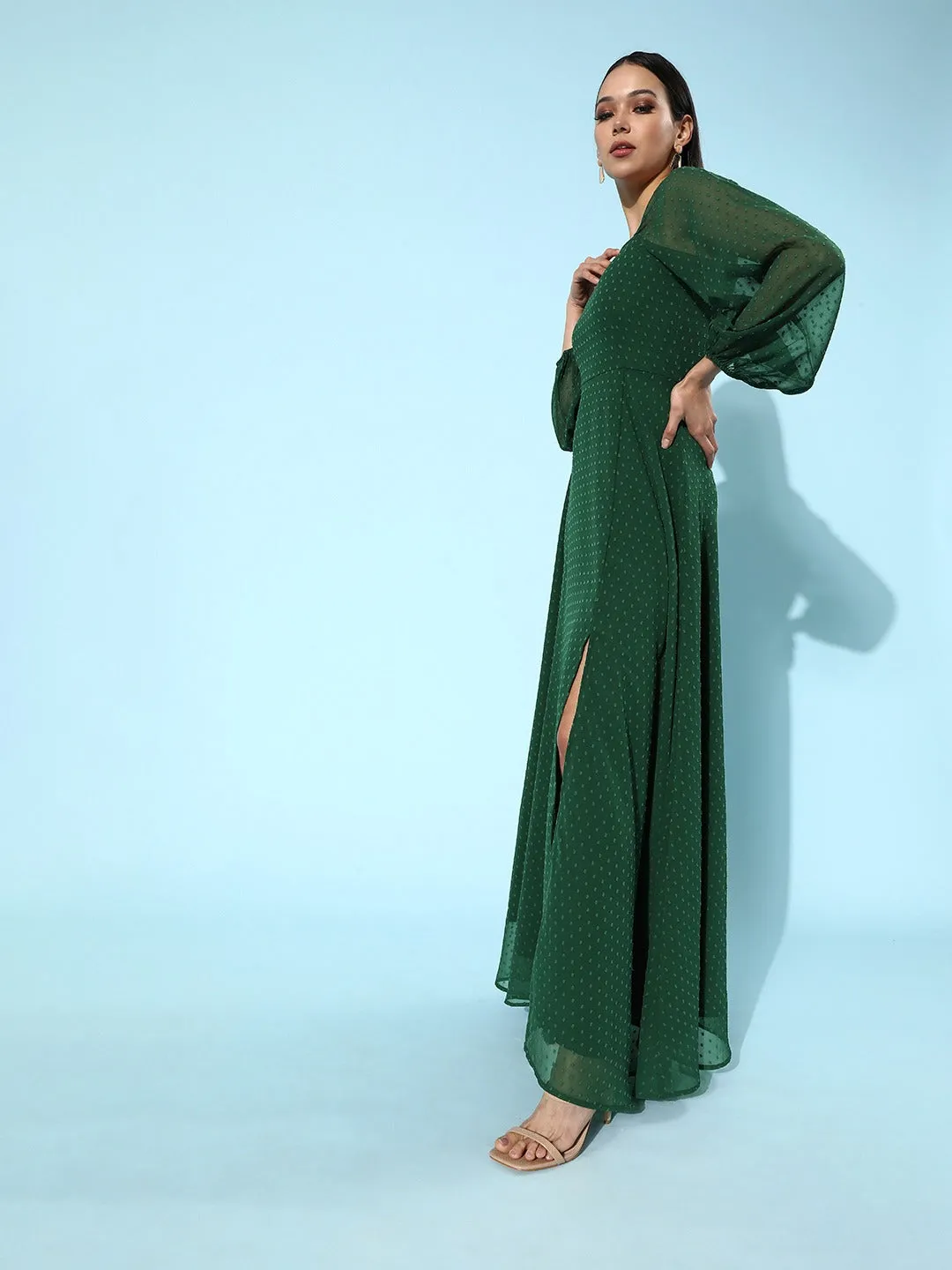 Berrylush Women Green Self-Design Pattern Square-Neck Maxi Dress