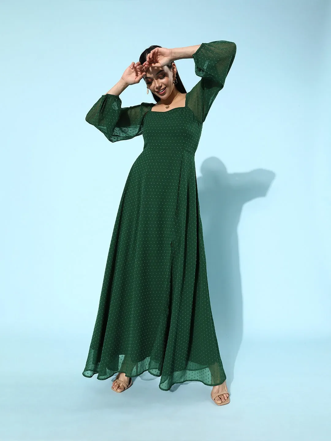 Berrylush Women Green Self-Design Pattern Square-Neck Maxi Dress