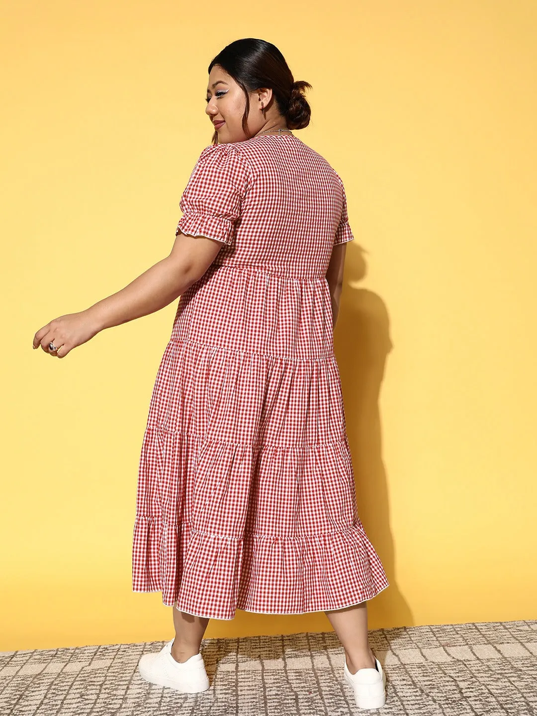 Berrylush Women Plus Size Red & White Checked Pattern Round Neck Cotton Flounce Hem Pleated A-Line Midi Dress