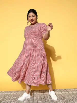 Berrylush Women Plus Size Red & White Checked Pattern Round Neck Cotton Flounce Hem Pleated A-Line Midi Dress