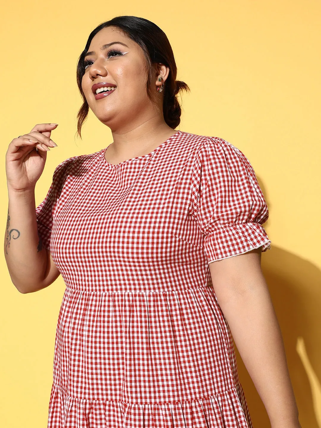 Berrylush Women Plus Size Red & White Checked Pattern Round Neck Cotton Flounce Hem Pleated A-Line Midi Dress