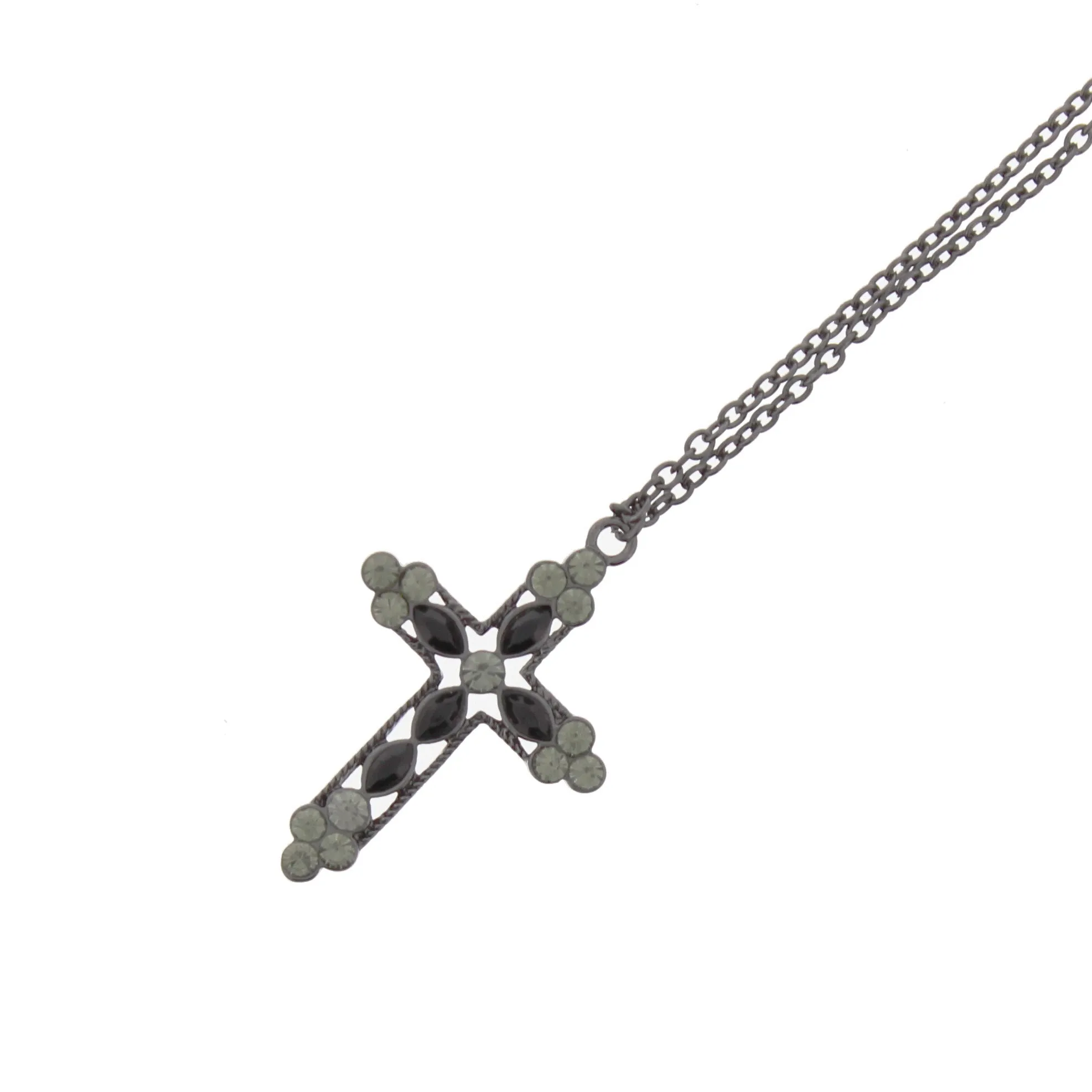 Black &amp; Crystal Stone Cross on Gun Metal Chain