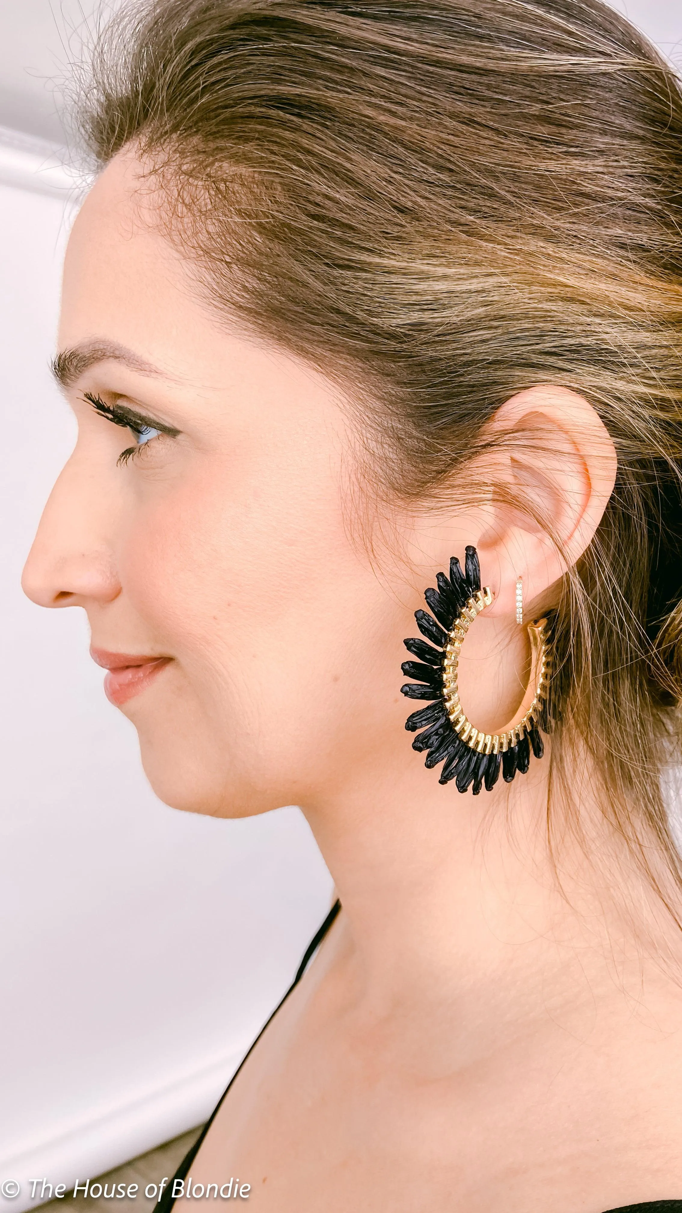 Black and Gold Raffia Fringe Hoop Earrings