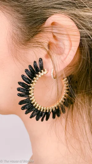 Black and Gold Raffia Fringe Hoop Earrings