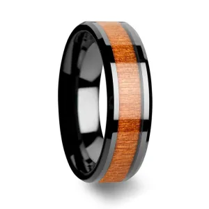 Black Cherry Wood Inlaid Black Ceramic Wedding Band Beveled Edges 6mm - 10mm