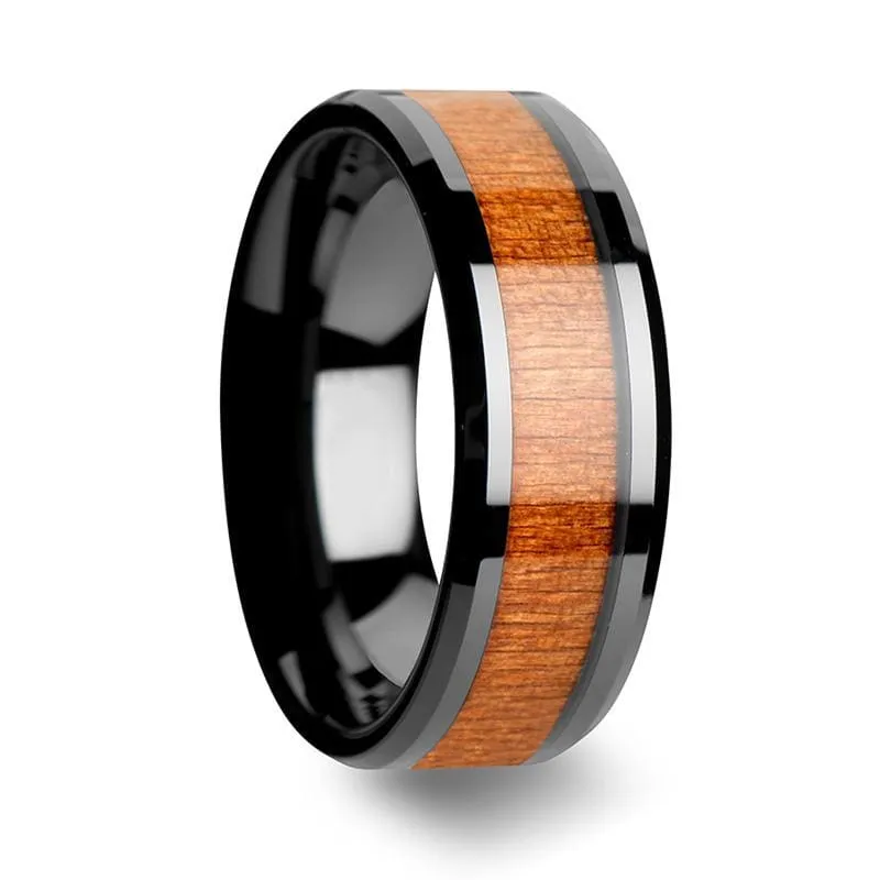 Black Cherry Wood Inlaid Black Ceramic Wedding Band Beveled Edges 6mm - 10mm