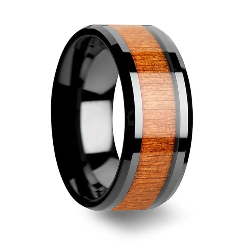 Black Cherry Wood Inlaid Black Ceramic Wedding Band Beveled Edges 6mm - 10mm