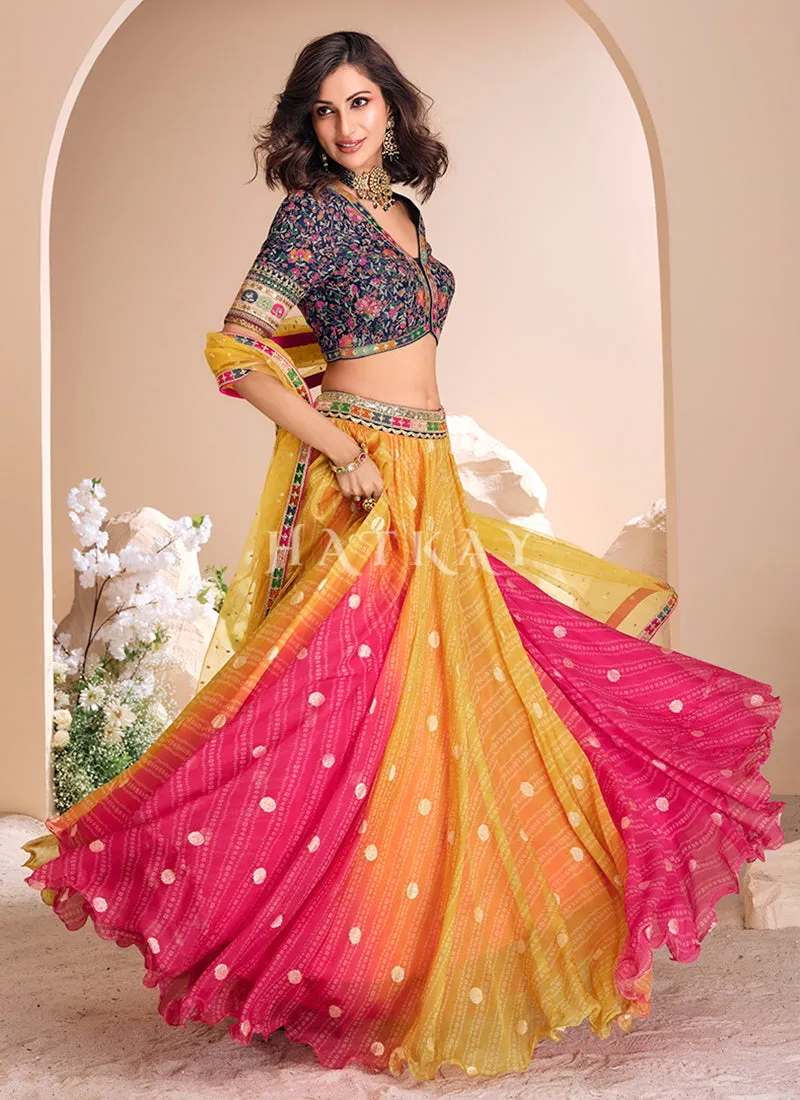 Blue And Yellow Embroidered Lehenga Choli